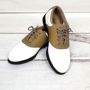 FootJoy Green-Joys Women's 8.5M White Tan Saddle Oxford Golf Cleats Shoes NWOT